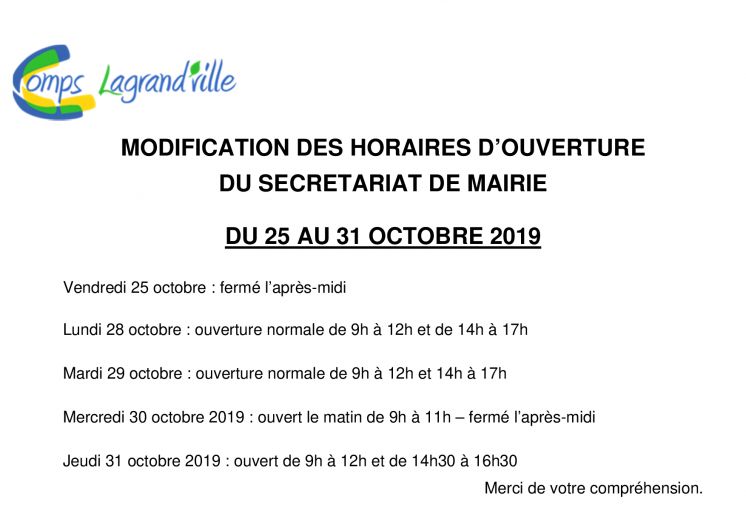 Horaires de la mairie du 25 au 31 octobre 2019
